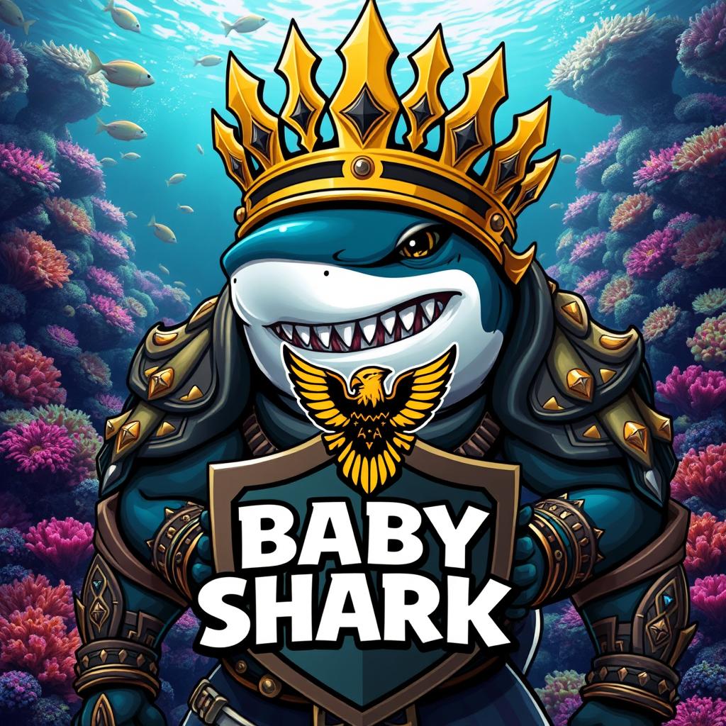 A striking warrior shark adorned with a magnificent gold crown, showcasing a muscular, fierce appearance that embodies strength and valor