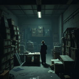 A dimly lit garage used for smuggling operations, featuring stacks of illicit goods and crates marked with suspicious labels