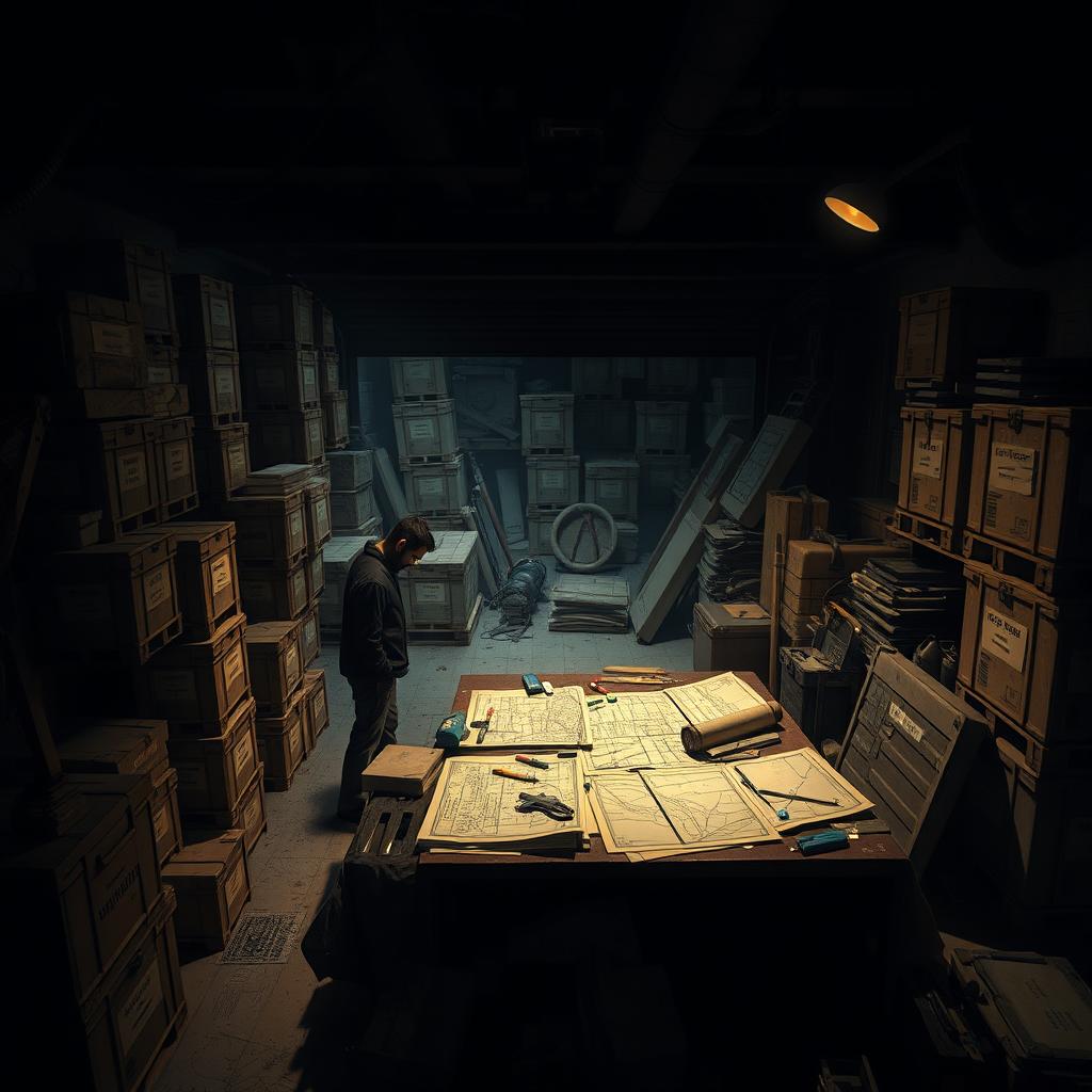 A dimly lit garage used for smuggling operations, featuring stacks of illicit goods and crates marked with suspicious labels