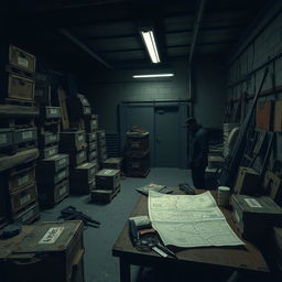 A dimly lit garage used for smuggling operations, featuring stacks of illicit goods and crates marked with suspicious labels
