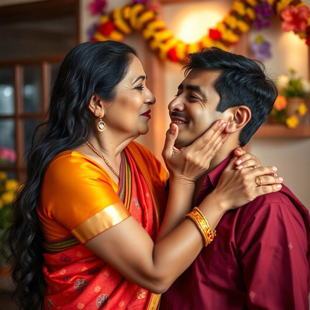 A 50-year-old Indian woman with long dark hair, elegantly dressed in a colorful traditional saree, gently kissing her adult son on the cheek