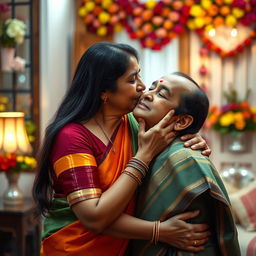 A 50-year-old Indian woman with long dark hair, elegantly dressed in a colorful traditional saree, gently kissing her adult son on the cheek