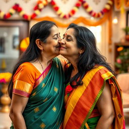A 50-year-old Indian woman with long dark hair, elegantly dressed in a colorful traditional saree, gently kissing her adult son on the cheek