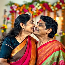 A 50-year-old Indian woman with long dark hair, elegantly dressed in a colorful traditional saree, gently kissing her adult son on the cheek