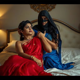 A dramatic and intense scene featuring two attractive Indian women