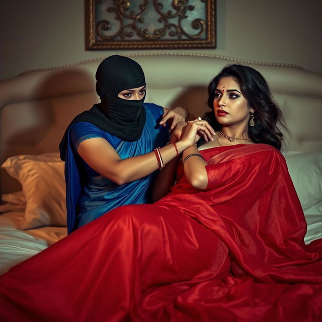 A dramatic and intense scene featuring two attractive Indian women