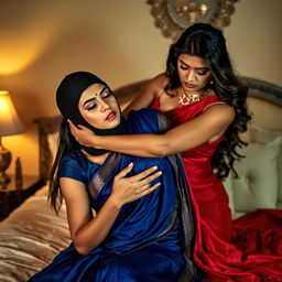 A dramatic and intense scene featuring two attractive Indian women