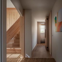 A two-story house. The ground floor features a kitchen and a hall with indoor stairs. The first floor contains two bedrooms.