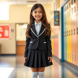 A cute girl wearing a stylish school uniform, featuring a pleated skirt and a fitted blazer