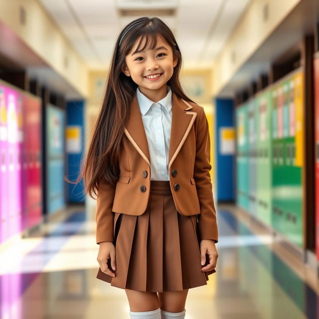 A cute girl wearing a stylish school uniform, featuring a pleated skirt and a fitted blazer