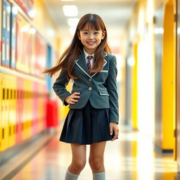 A cute girl wearing a stylish school uniform, featuring a pleated skirt and a fitted blazer