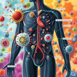 A detailed illustration showcasing the human immune system, featuring various components such as white blood cells, antibodies, and pathogens