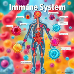 A detailed illustration showcasing the human immune system, featuring various components such as white blood cells, antibodies, and pathogens