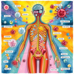 A detailed illustration showcasing the human immune system, featuring various components such as white blood cells, antibodies, and pathogens
