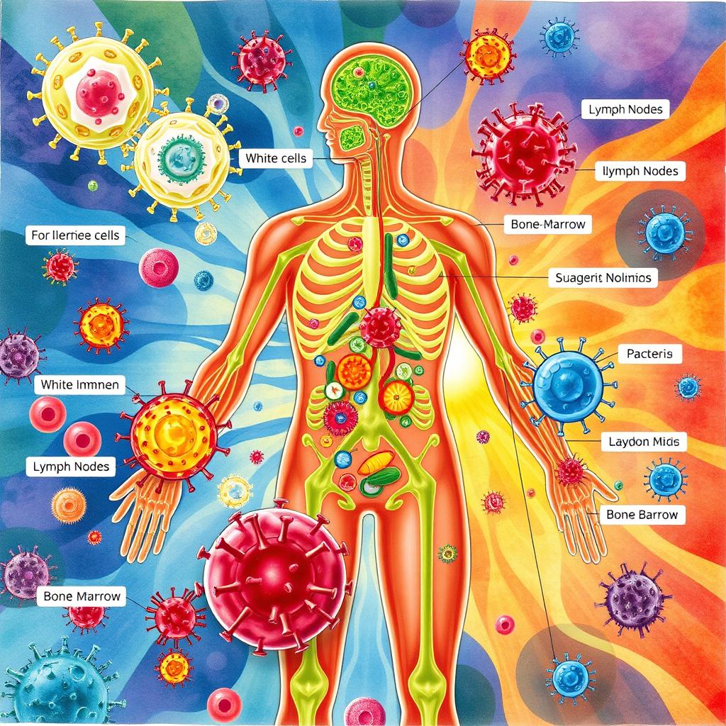 A detailed illustration showcasing the human immune system, featuring various components such as white blood cells, antibodies, and pathogens