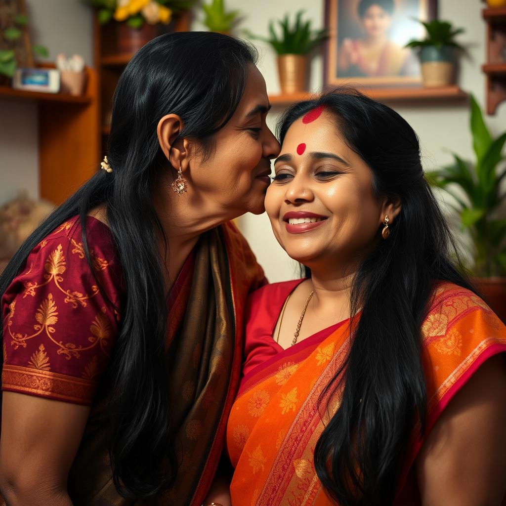 A tender mother-son moment featuring a 50-year-old Indian woman with long black hair, dressed in traditional Indian attire with intricate patterns, leaning in to give her adult son a kiss on the cheek