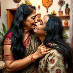 A tender mother-son moment featuring a 50-year-old Indian woman with long black hair, dressed in traditional Indian attire with intricate patterns, leaning in to give her adult son a kiss on the cheek