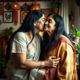 A tender mother-son moment featuring a 50-year-old Indian woman with long black hair, dressed in traditional Indian attire with intricate patterns, leaning in to give her adult son a kiss on the cheek