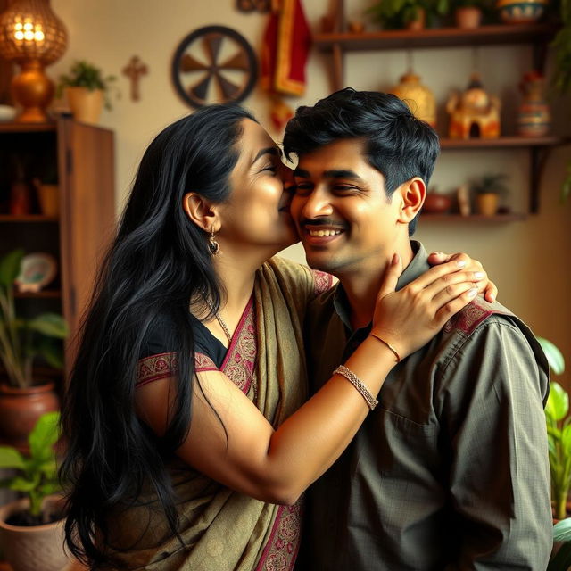 A tender mother-son moment featuring a 50-year-old Indian woman with long black hair, dressed in traditional Indian attire with intricate patterns, leaning in to give her adult son a kiss on the cheek