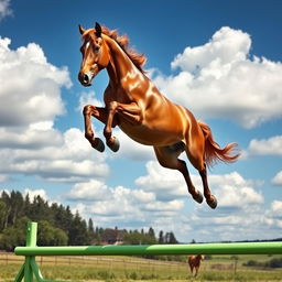 A magnificent jumping horse captured in mid-air, showcasing its powerful muscles and elegant form