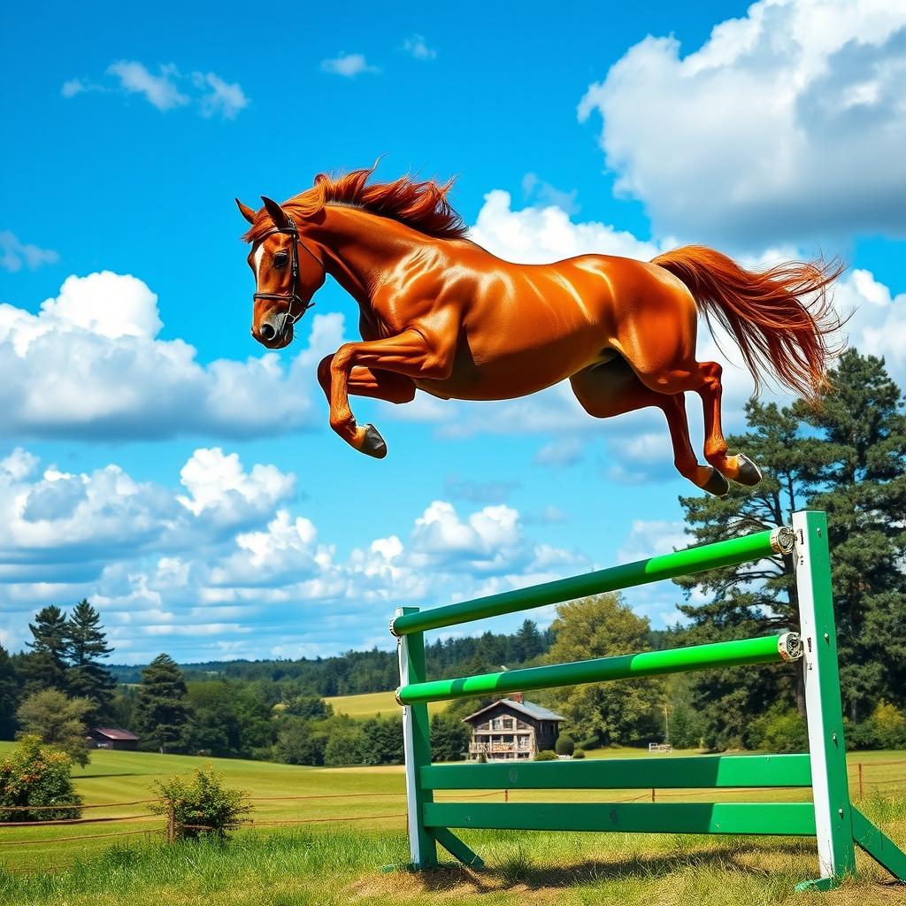 A magnificent jumping horse captured in mid-air, showcasing its powerful muscles and elegant form