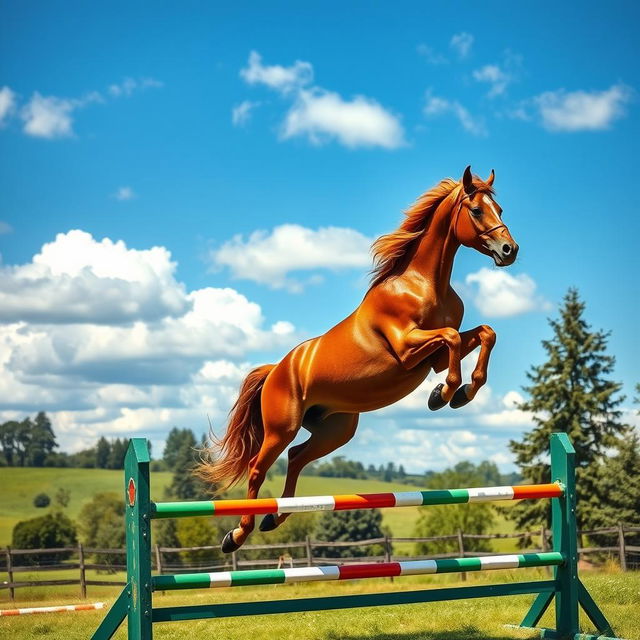 A magnificent jumping horse captured in mid-air, showcasing its powerful muscles and elegant form