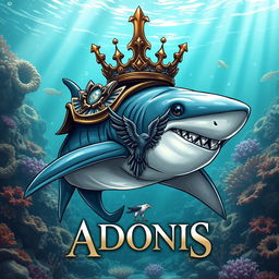 A formidable warrior shark adorned with a magnificent crown, portraying an air of majesty and power