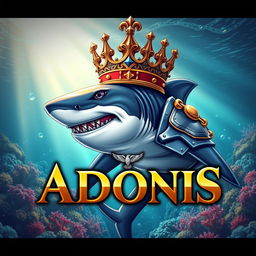 A formidable warrior shark adorned with a magnificent crown, portraying an air of majesty and power