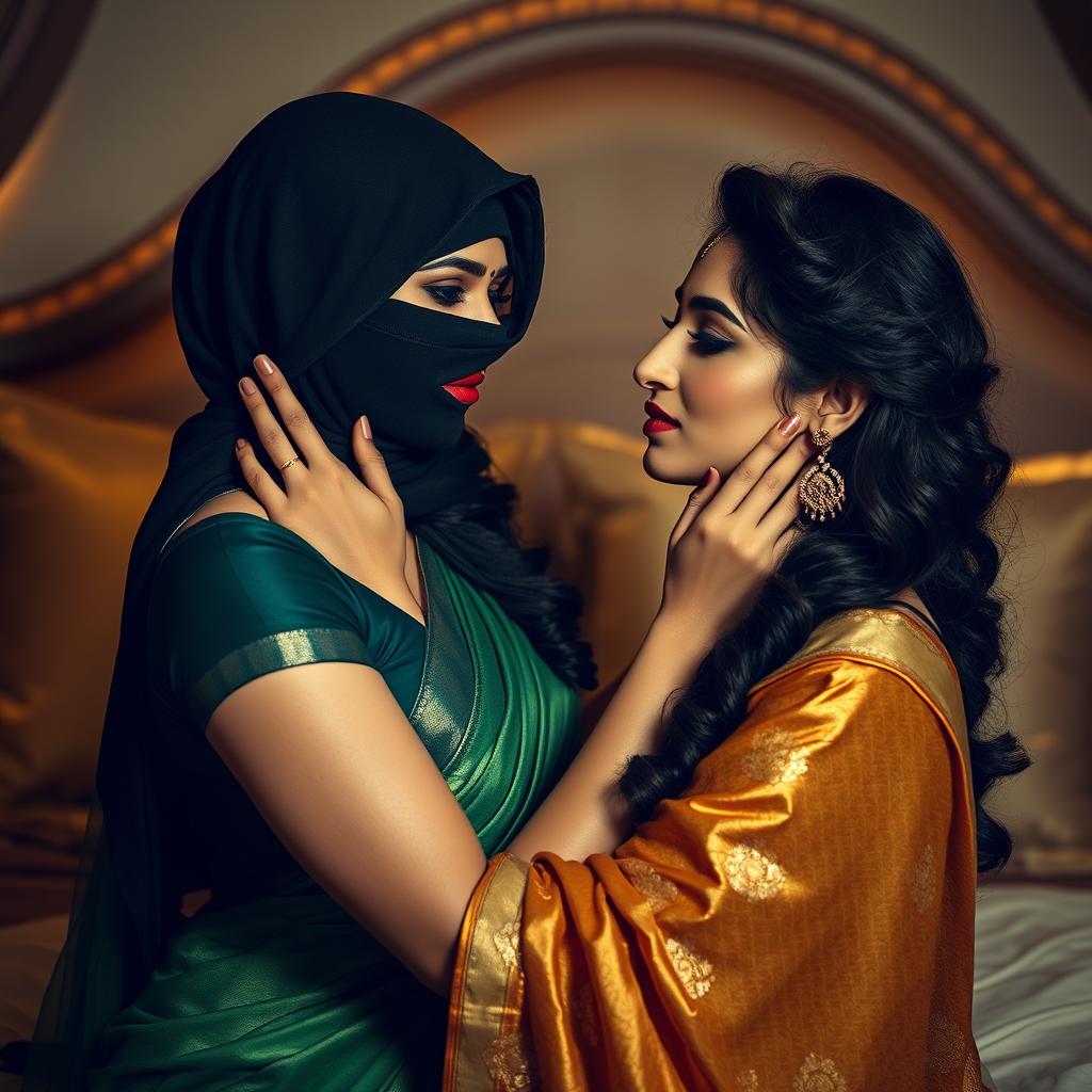 A seductive and intimate scene featuring two beautiful Indian women in a luxurious bedroom setting