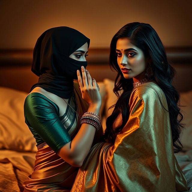 A seductive and intimate scene featuring two beautiful Indian women in a luxurious bedroom setting