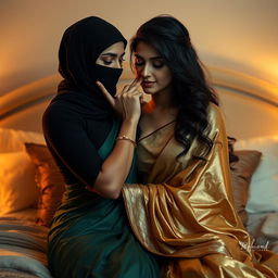 A seductive and intimate scene featuring two beautiful Indian women in a luxurious bedroom setting