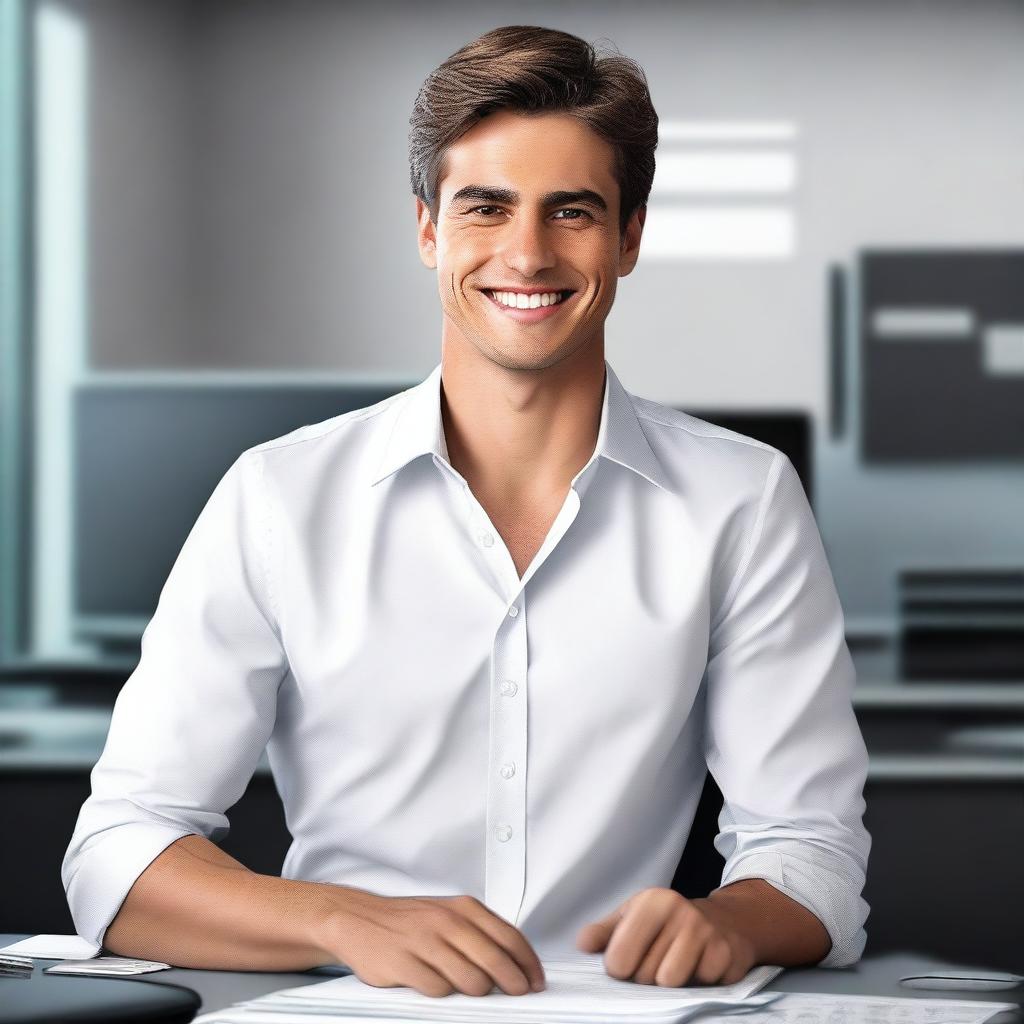 A hyper-realistic digital art piece features a handsome young man dressed in a white shirt, portrayed as an office worker