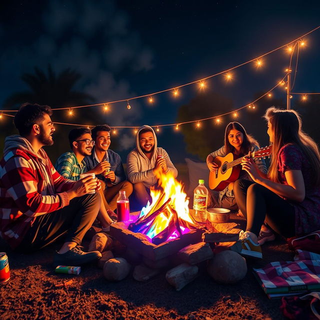 A vibrant scene capturing the essence of 'Nashe ki lat', showcasing a group of friends enjoying a lively gathering