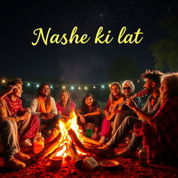 A vibrant scene capturing the essence of 'Nashe ki lat', showcasing a group of friends enjoying a lively gathering