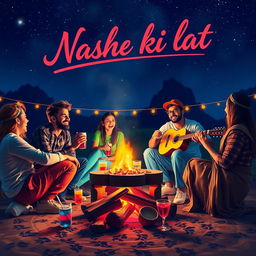 A vibrant scene capturing the essence of 'Nashe ki lat', showcasing a group of friends enjoying a lively gathering