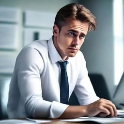 A hyper-realistic digital art piece portrays a handsome young man in a white shirt, depicted as a stressed office worker engrossed in his tasks