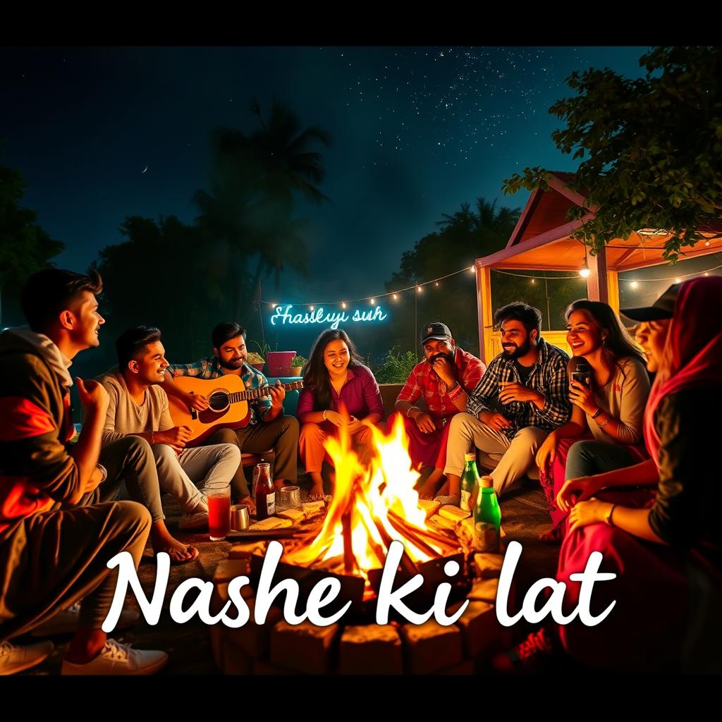 A vibrant scene capturing the essence of 'Nashe ki lat', showcasing a group of friends enjoying a lively gathering