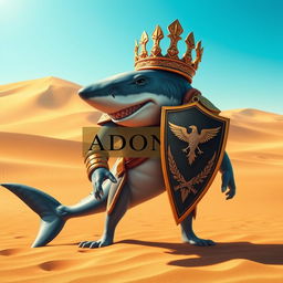 A majestic warrior shark crowned with a dazzling gold crown, standing proudly in a vast desert landscape