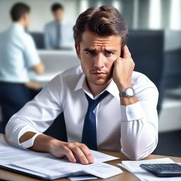 A hyper-realistic digital art piece portrays a handsome young man in a white shirt, depicted as a stressed office worker engrossed in his tasks