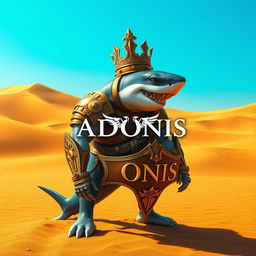 A majestic warrior shark crowned with a dazzling gold crown, standing proudly in a vast desert landscape