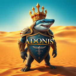 A majestic warrior shark crowned with a dazzling gold crown, standing proudly in a vast desert landscape
