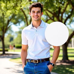 A stylish young adult wearing a fitted white polo shirt, standing confidently in a vibrant outdoor setting