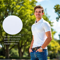 A stylish young adult wearing a fitted white polo shirt, standing confidently in a vibrant outdoor setting