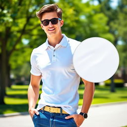 A stylish young adult wearing a fitted white polo shirt, standing confidently in a vibrant outdoor setting