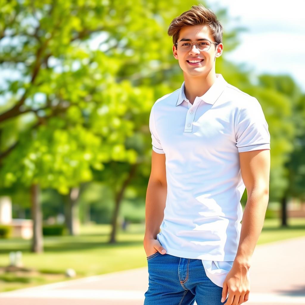 A stylish young adult wearing a fitted white polo shirt, standing confidently in a vibrant outdoor setting