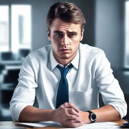 A hyper-realistic digital art piece portrays a handsome young man in a white shirt, depicted as a stressed office worker engrossed in his tasks