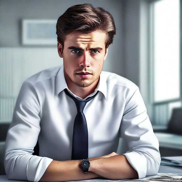 A hyper-realistic digital art piece portrays a handsome young man in a white shirt, depicted as a stressed office worker engrossed in his tasks