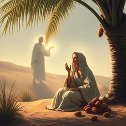 A serene and sacred scene depicting the historic moment of Mary (Maryam) nestled in seclusion, away from her family in the eastern part of the world