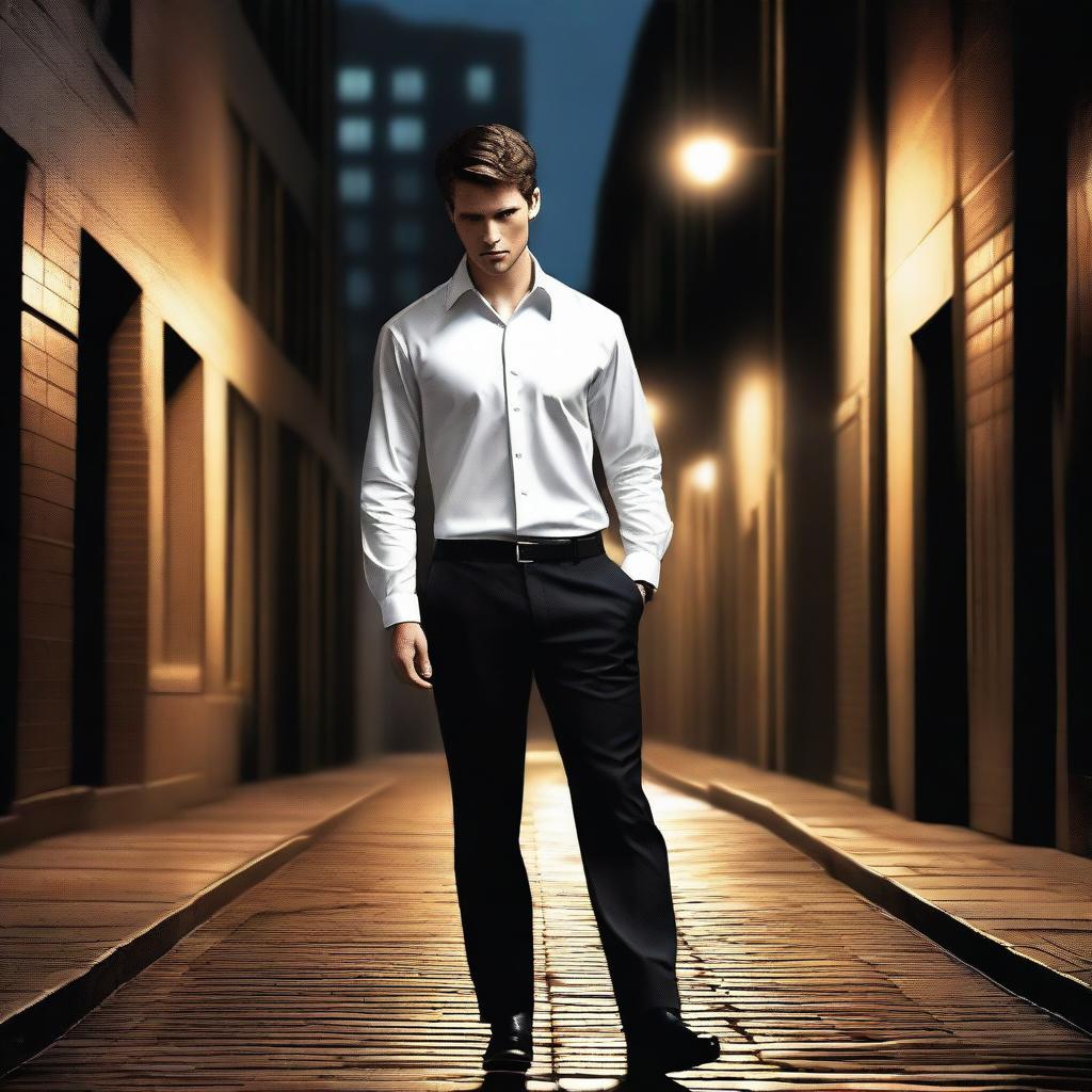 A hyper-realistic digital art piece portrays a handsome young man in a white shirt, depicted as an office worker walking down a deserted alley at night