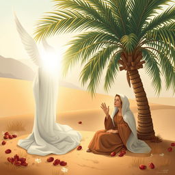 A serene and sacred scene depicting the historic moment of Mary (Maryam) nestled in seclusion, away from her family in the eastern part of the world